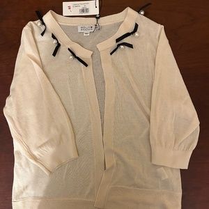 Molly Bracken Cream Knit Cardigan with Ribbon and Pearl Embellishment, Size M/L